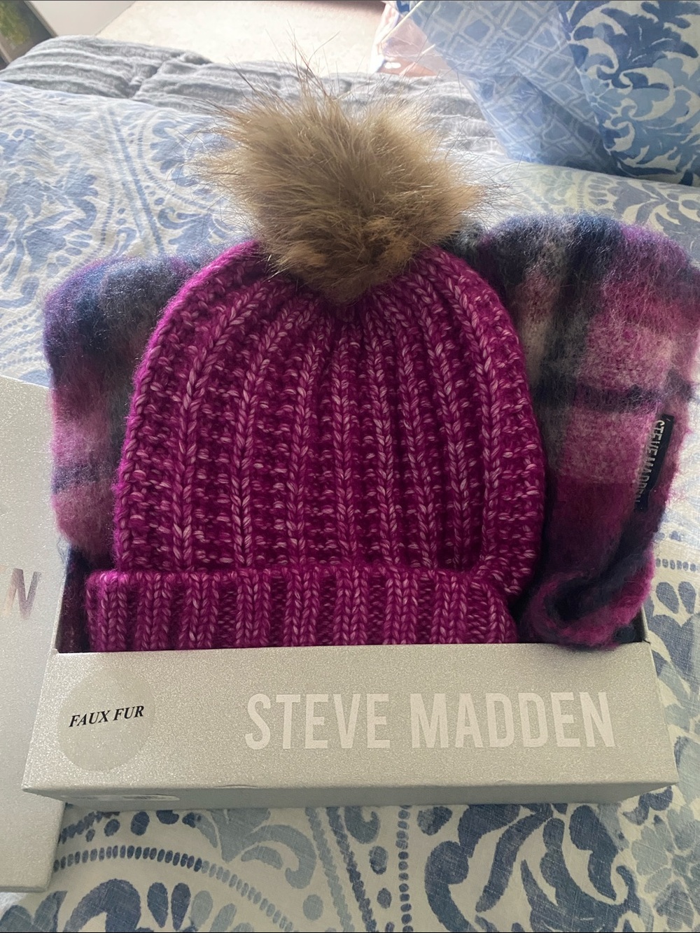 Steve Madden Fuchsia Knit Beanie with Brown Faux Fur Pom